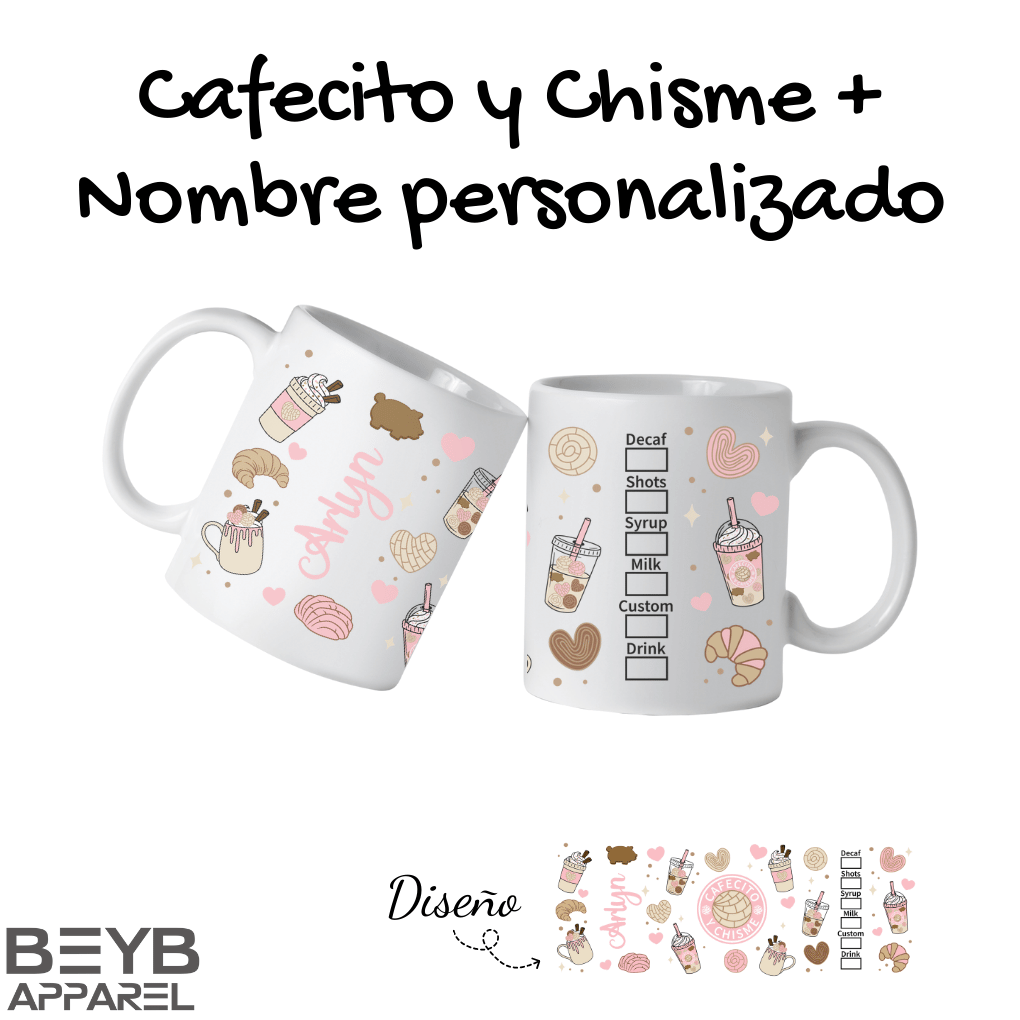 Taza Blanca "Cafecito Y Chisme Rosa Pastel" + Nombre Personalizado