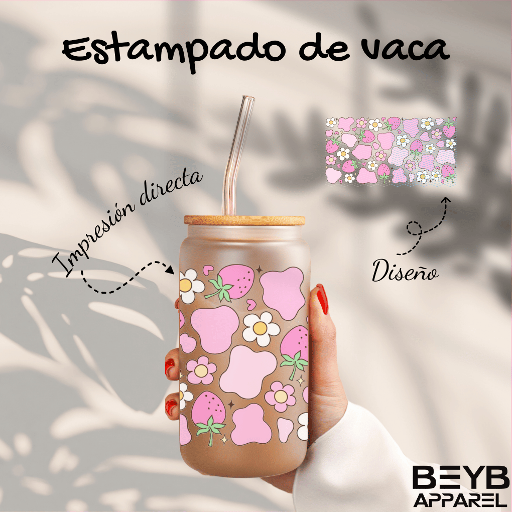 Vaso "Estampados de Vaca, Fresas y Flores Rosa"