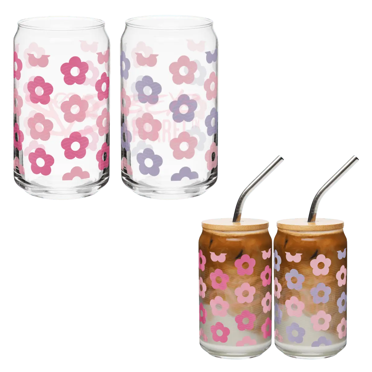 Vaso de Vidrio 16o with Bamboo Lid and Straw included - Flores rosa fuerte y claro - Beyb Apparel 14.99