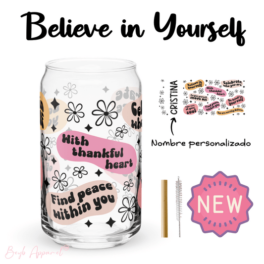 Believe in Yourself (Nombre personalizado) | Vaso de vidrio con tapa de bambú