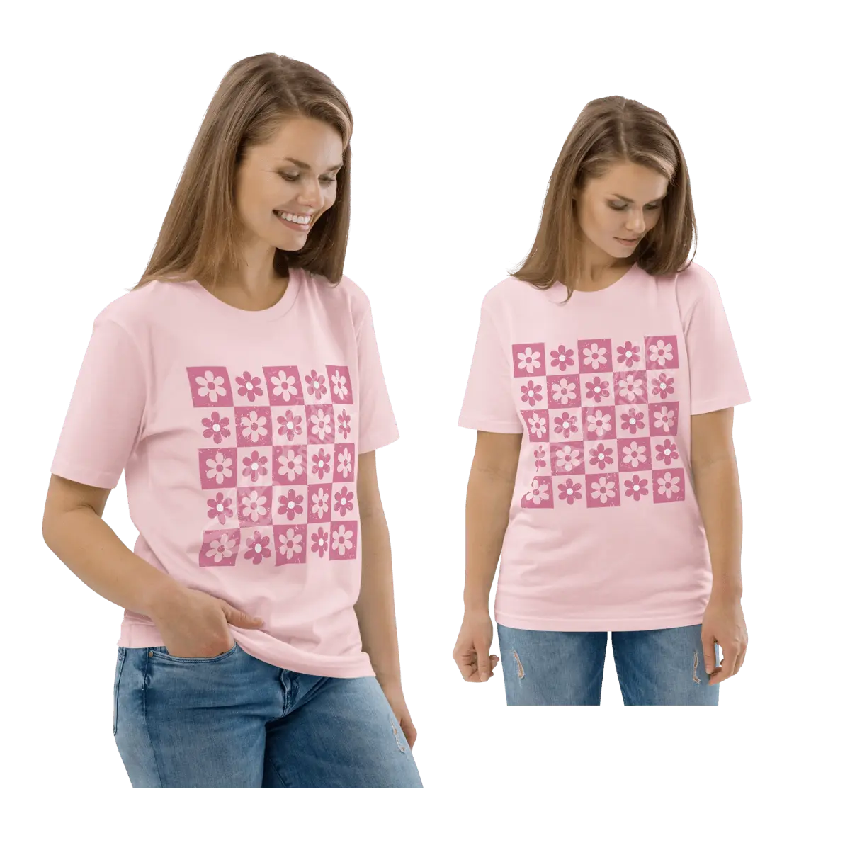 Flores a cuadros [1] | Camiseta casual Rosa hasta talla 3XL | Retro - BEYB Apparel