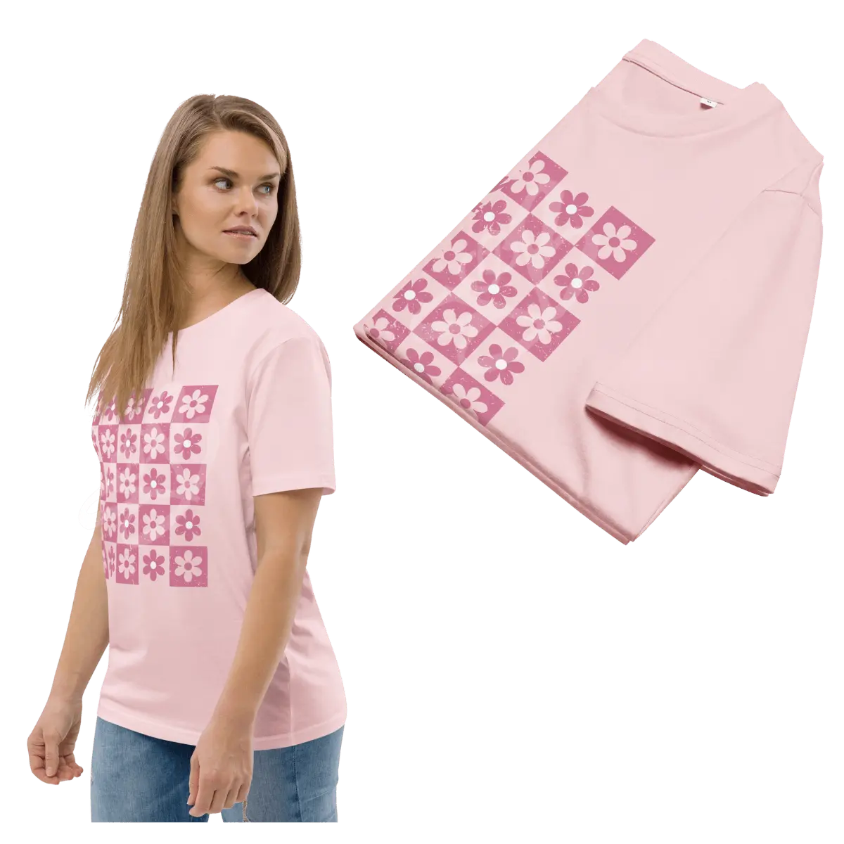 Flores a cuadros [1] | Camiseta casual Rosa hasta talla 3XL | Retro - BEYB Apparel