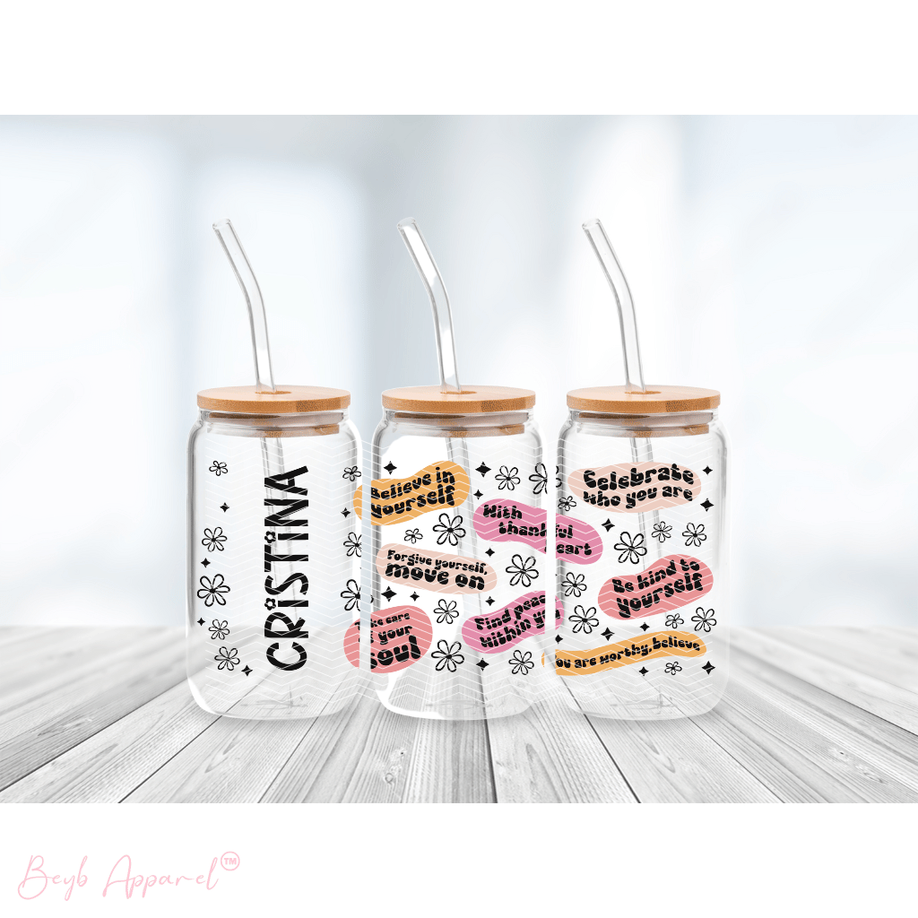 Believe in Yourself (Nombre personalizado) | Vaso de vidrio con tapa de bambú